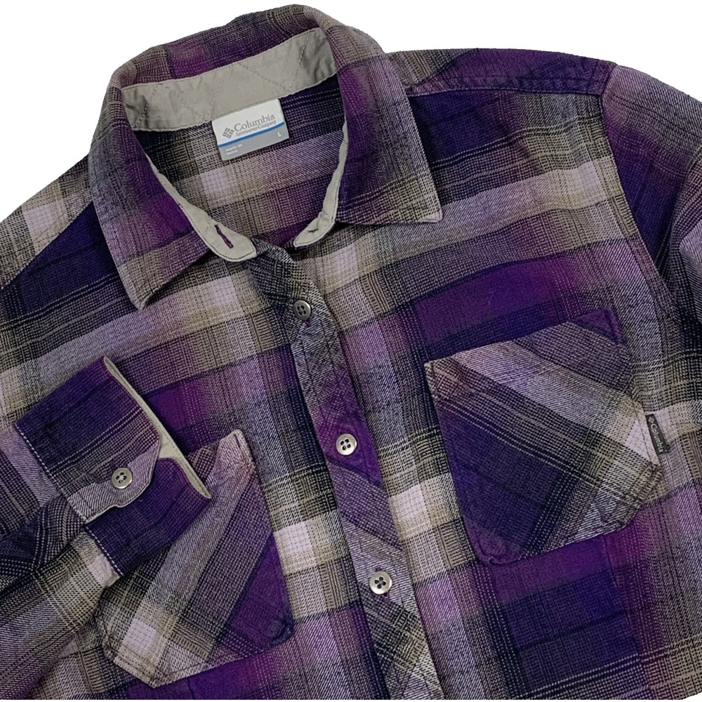 Columbia Womens Pink Purple Plaid Cotton Flannel Shirt Large AL7194
